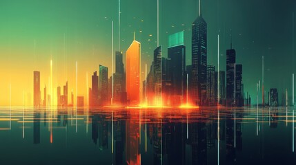 Fototapeta premium Futuristic cityscape with glowing lines and reflections in water