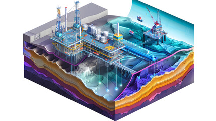 Obraz premium A cutaway view of a vast underground oil reservoir, showing layers of rock and earth with dark, viscous oil pooling in caverns deep below, illuminated by geological graphics and measurements