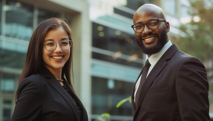 Photo of two happy diverse professional people, smiling at the camera, wearing a business suit dressed in a grey. multi ethnic business couple posing arms crossed copy space and new isolated