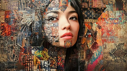 A stunning woman's face merges with intricate tribal patterns, reflecting a rich cultural tapestry and heritage