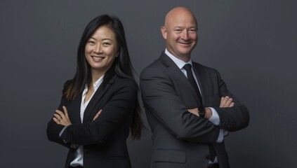 Photo of two happy diverse professional people, smiling at the camera, wearing a business suit dressed in a grey. multi ethnic business couple posing arms crossed copy space and new isolated