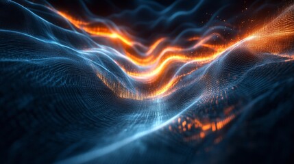 Obraz premium Abstract Digital Landscape with Glowing Orange Lines and Blue Particles