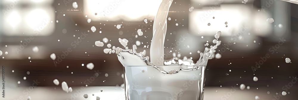 Aufkleber milk is being poured into a glass, causing a dynamic splash and droplets to fly in a well-lit kitche