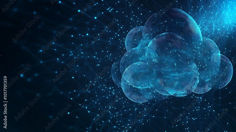 Poster Abstract blue cloud computing concept with glowing lines and dots on dark background.