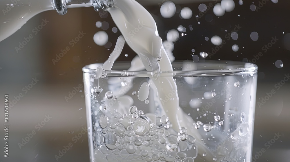 Poster fresh milk is being poured into a glass, causing splashes and bubbles, highlighting the start of a m