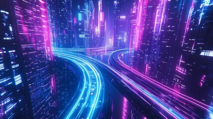 Neon Cityscape with Intersecting Highways and Glowing Towers