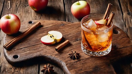 Cinnamon apple cocktail in Old Fashioned style on a rustic board, perfect for autumn gatherings. AI-generated	