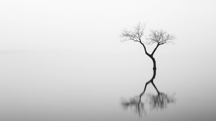 Solitary tree reflected in calm waters on a foggy day