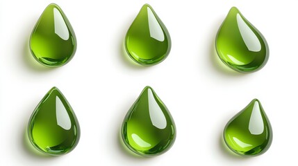 Green liquid droplets on a white background, ideal for nature or healthy lifestyle themes.