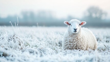 Fototapeta premium Frosty morning with a sheep in a snowy field