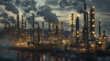 Fototapeta premium A panoramic view of a downstream petrochemical refinery processing plant at night, with a cityscape in the background, lights reflecting off complex machinery and pipes, illustrating urban energy dema
