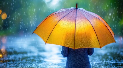 person holding a yellow umbrella stands in the rain, with water droplets covering the umbrella and a blurred natural background, creating a calm and serene atmosphere.