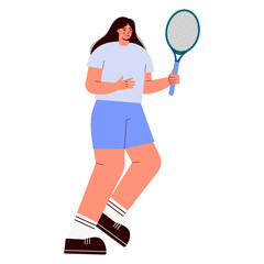 Woman playing tennis vector flat illustration. Female character holding racket. Sportswoman concept.