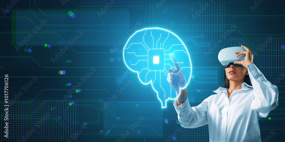 Aufkleber attractive young woman with vr glasses and glowing blue circuit digital brain hologram on blurry bac