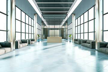 Contemporary office corridor with panoramic windows, city view, reception desk and daylight. 3D Rendering.