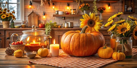 A Rustic Kitchen Table Setting with Fall Decor, Featuring a Large Pumpkin, Small Pumpkins, Candles, and Sunflowers