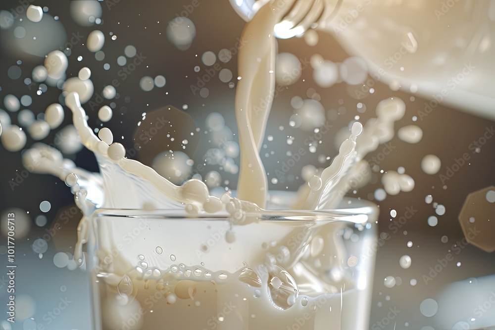 Fototapete a stream of fresh milk cascades into a glass, splashing and creating droplets in soft morning light,