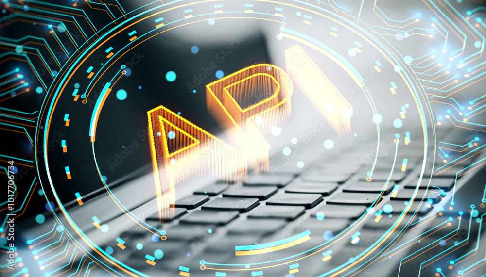Aufkleber Close up of keyboard on desk with creative API hologram on blurry background. Application Programming Interface concept. Interaction with digital icons, API development, security. Double exposure.