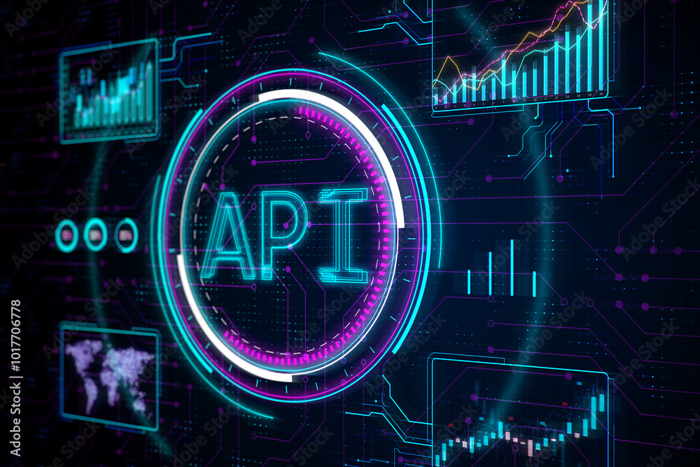 Fototapete Creative API hologram on blurry backdrop. Application Programming Interface concept. Interaction with digital icons representing API development, security. 3D Rendering.