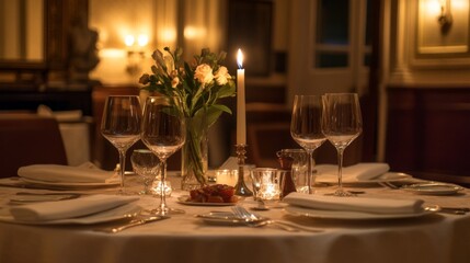 A Romantic Candlelit Dinner Table Setting with Wine Glasses and Flowers