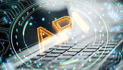 Close up of keyboard on desk with creative API hologram on blurry background. Application...