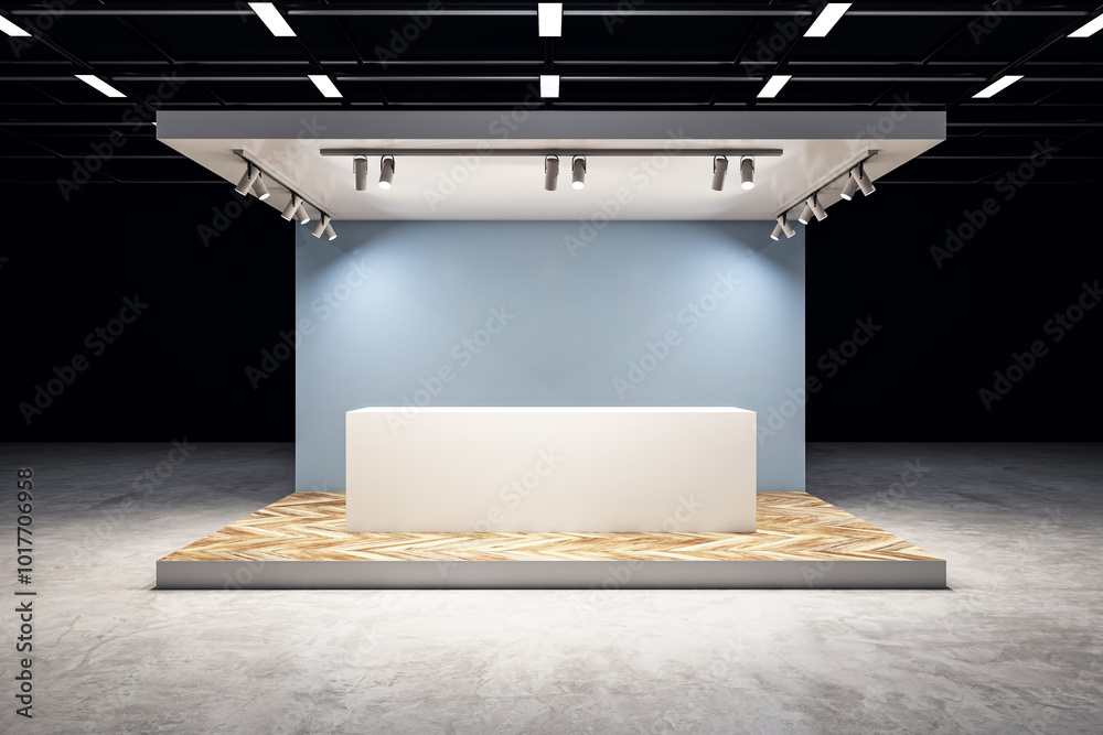 Poster modern exhibition stand on dark background. mock up place. 3d rendering.