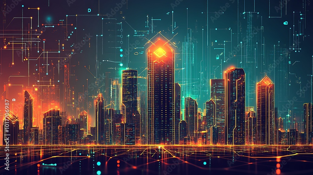 Poster A futuristic city skyline with glowing lines of code and data streams in the background.