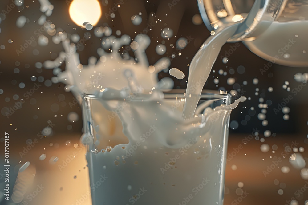Aufkleber a glass is filled with fresh milk as it is poured from a glass bottle, causing splashes against a so