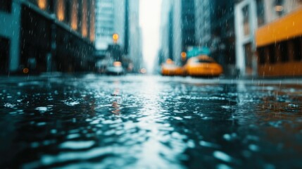 Dramatic rainy night cityscape with a sudden downpour soaking the wet urban landscape blurred motion of traffic and reflections on the flooded street
