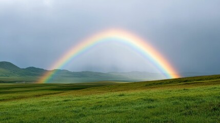 Bright and Vibrant Rainbow Arching Across the Sky Over a Lush Verdant Rural Landscape After a Rainstorm Symbolizing Hope Renewal and the Restorative Power of Nature