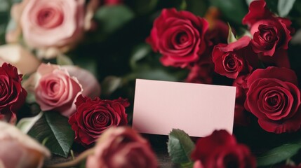 Pink Note Card Among Red and Pink Roses