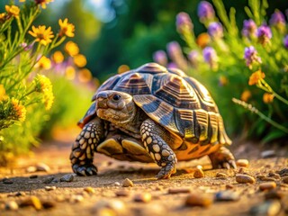 Obraz premium A leopard tortoise slowly crosses the road, showcasing its intricate shell. Nature embraces this moment, reminding us of the beauty and wonder of wildlife encounters.
