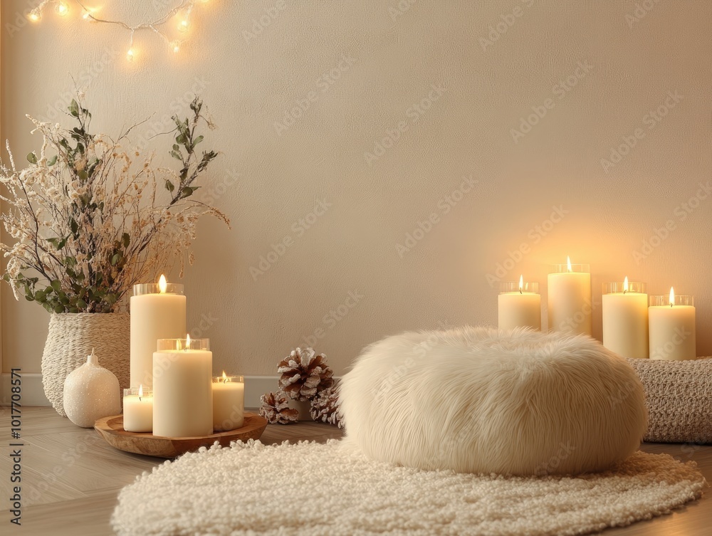 Canvas Prints Cozy interior with candles and seasonal decorations near neutral wall