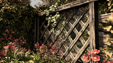 Serene Garden with Vines and Vibrant Flowers