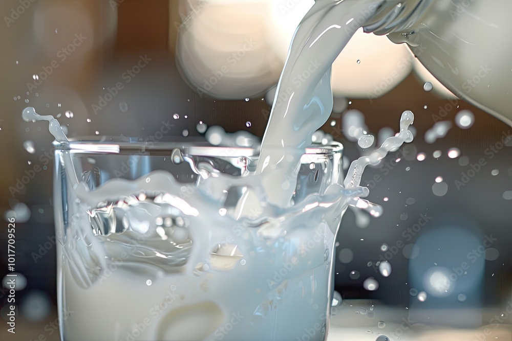 Aufkleber a stream of fresh milk pours into a clear glass, causing splashes and droplets in a well-lit kitchen