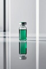 green medical vial on a reflective surface.