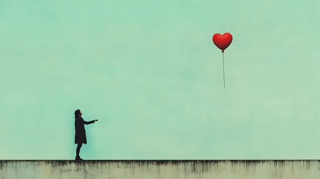Woman Watching Heart Shaped Balloon Fly Away.