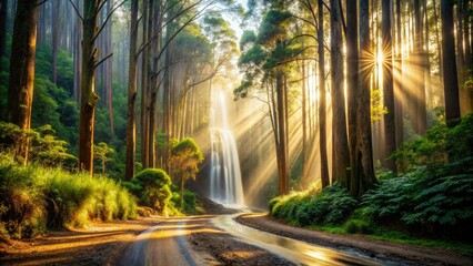 Obraz premium A serene dirt road winds through a lush eucalyptus forest, guiding visitors toward the enchanting Boundary Falls, where nature's beauty awaits in every detail.