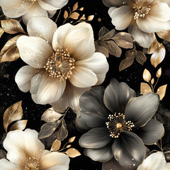 Beautiful abstract white and grey flower with golden leavs on decorative background as wallpaper illustration, Elegant White Grey Gold Flower, Floral Design on Dark Black Background