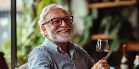 A man in a blue shirt is smiling and holding a glass of red wine. Concept of relaxation and enjoyment, as the man is in a comfortable setting, possibly at a social gathering or a quiet evening at home