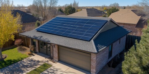 Obraz premium A house with a solar panel on the roof. The house is surrounded by trees and has a garage