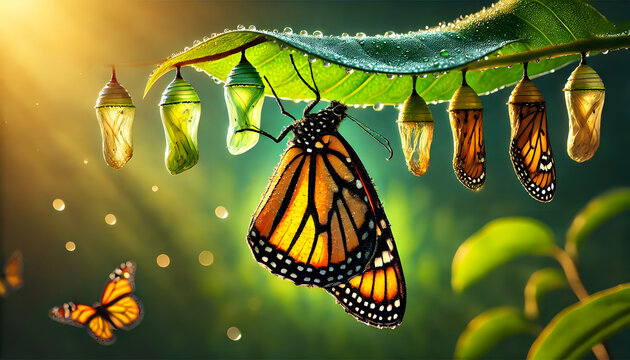Fototapeta Monarch butterfly emerging from chrysalis on dewy leaf 