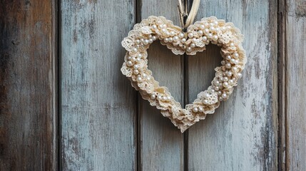 Lace Heart Wreath with Pearls on Weathered Wooden Door