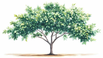 Watercolor Illustration of a Lush Green Tree with Detailed Branches and Leaves