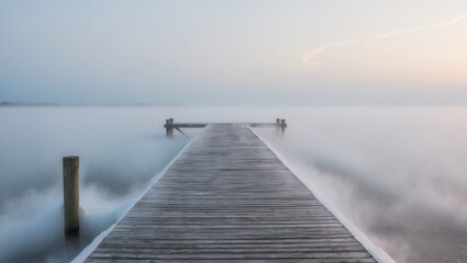 Fototapeta premium Peaceful wooden pier leading into a foggy expanse at dawn.