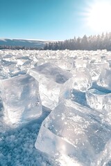 A field of large, clear ice cubes, glistening in the sunlight, with a forest in the background.