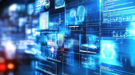 Fototapeta premium Data Flow: A futuristic and abstract representation of data flow with a blue and black color scheme. The image features multiple screens with various data points, charts, and graphics.