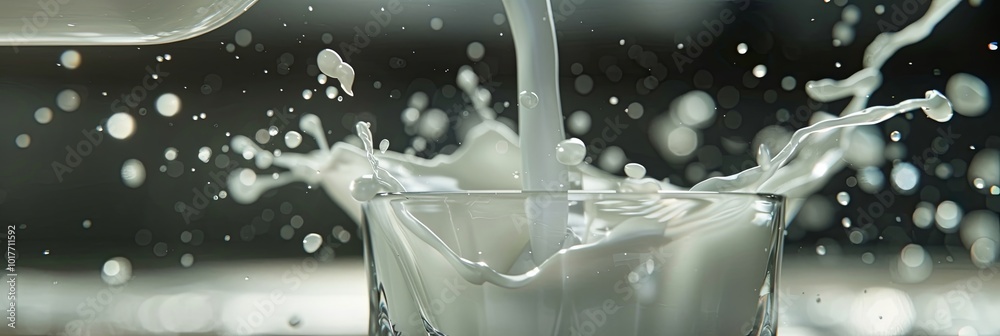 Poster milk is splashing energetically into a glass, creating droplets and a lively atmosphere in a bright 