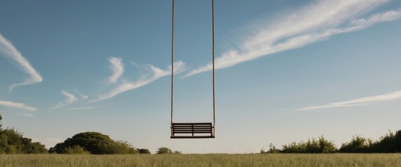 Swing hanging in a tranquil grass field under a blue sky.