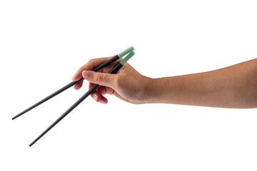 Black chopsticks for rice and hand on a transparent background